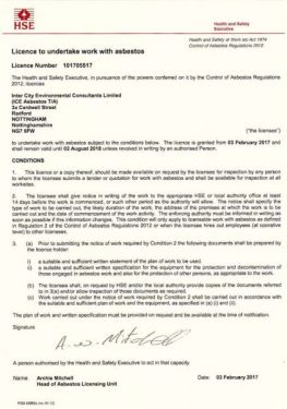 Click Here To Enlarge This Photo Of Our New Certificate – Licence to Undertake Work with Asbestos